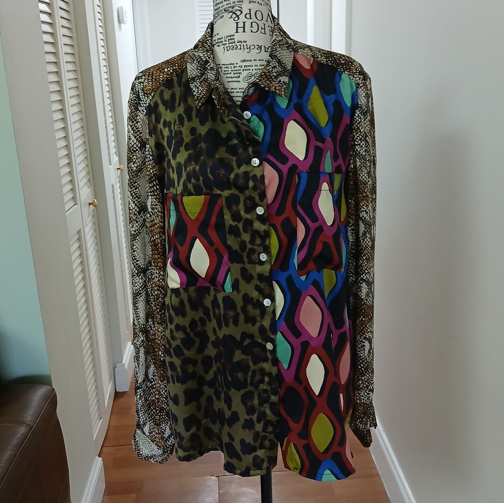 Mixed-Print Long Sleeve Blouse - Multicolor
